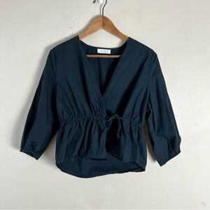 Oak And Fort Navy Blue Faux Wrap Top 100% Cotton Size Small Peplum Feminine